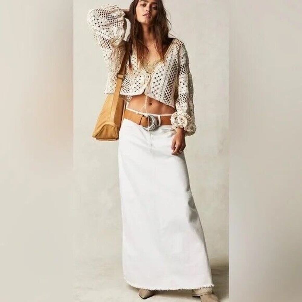#13 NWOT We The Free Size 0 Come As You Are White Denim Western Boho Maxi Skirt.